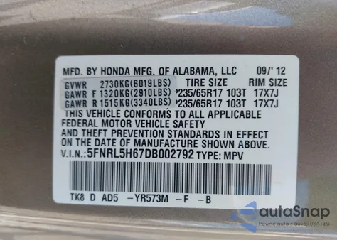 2013 Honda Odyssey Ex-L from USA, damaged, VIN 5FNRL5H67DB002792